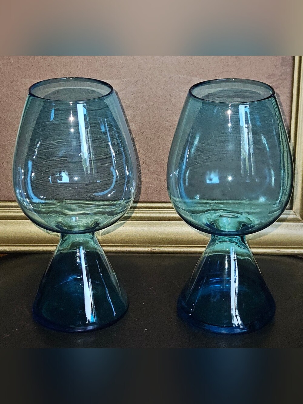 2 Vintage Mid-Century Modern Empoli art Glass Goblets or Vases Turquoise Blue
